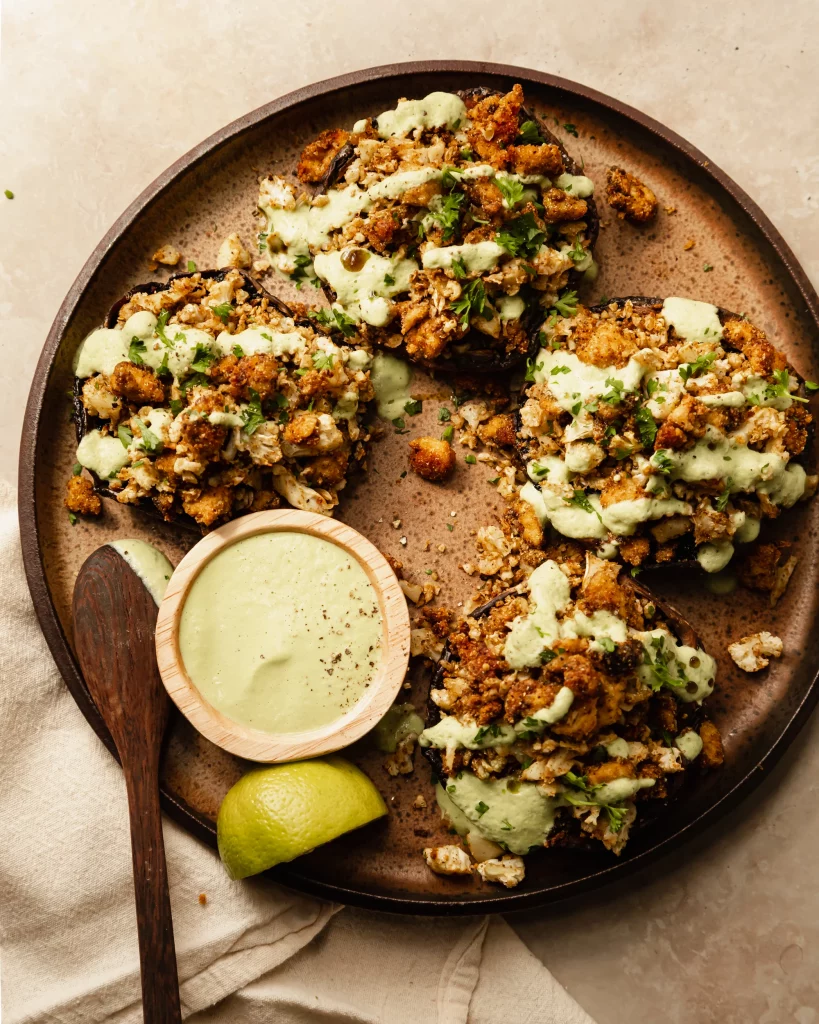 Stuffed Portobello Mushrooms with Cauliflower Rice, Crispy Tofu Bits & Poblano Cream_vegan cauliflower rice recipes