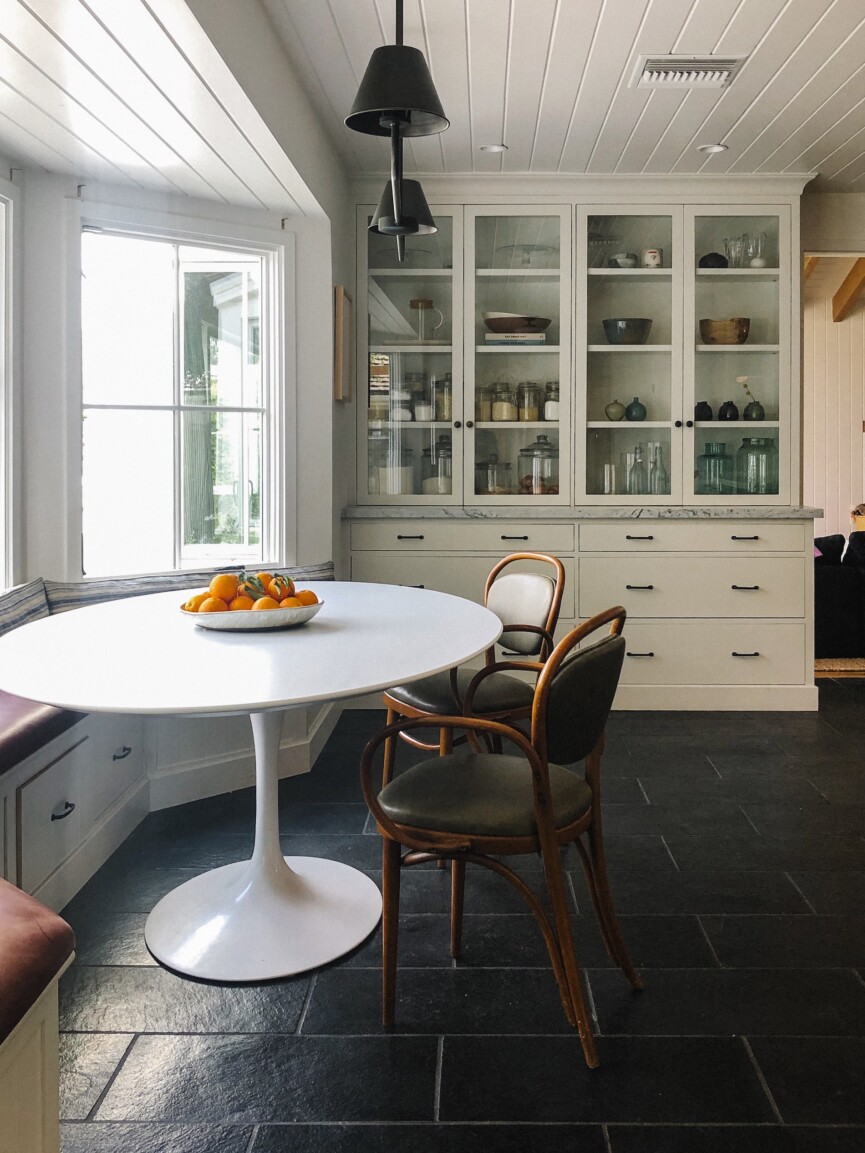 white kitchen table and shelves