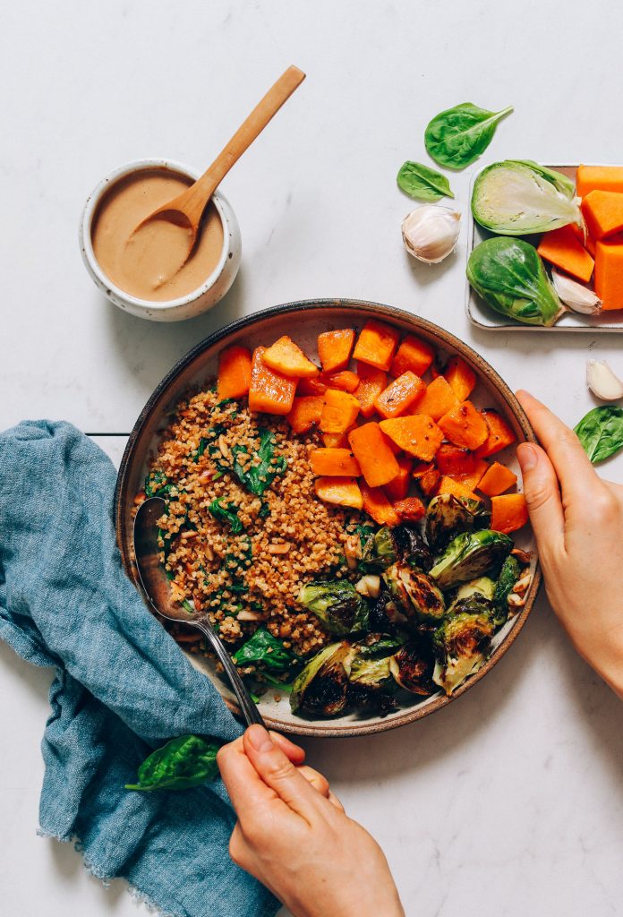 butternut squash & miso brussels sprouts nourish bowl_best brussels sprouts recipes