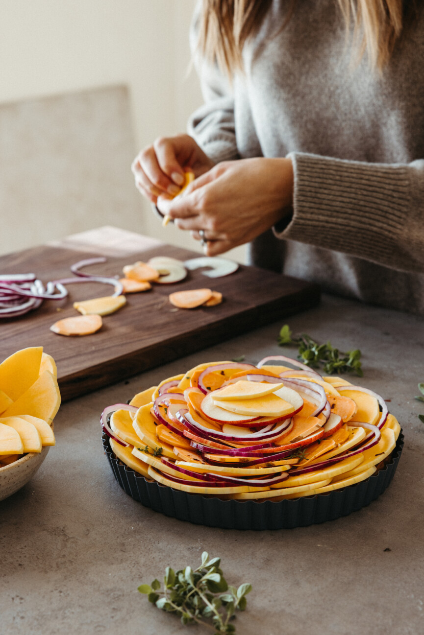 butternut squash and apple tart with ricotta, vegetarian thankskgiving main course