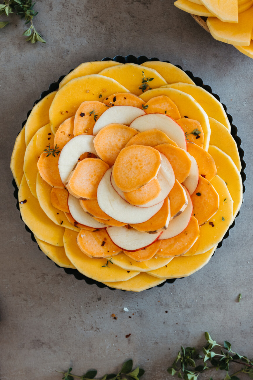 butternut squash and apple tart with ricotta, vegetarian thankskgiving main course