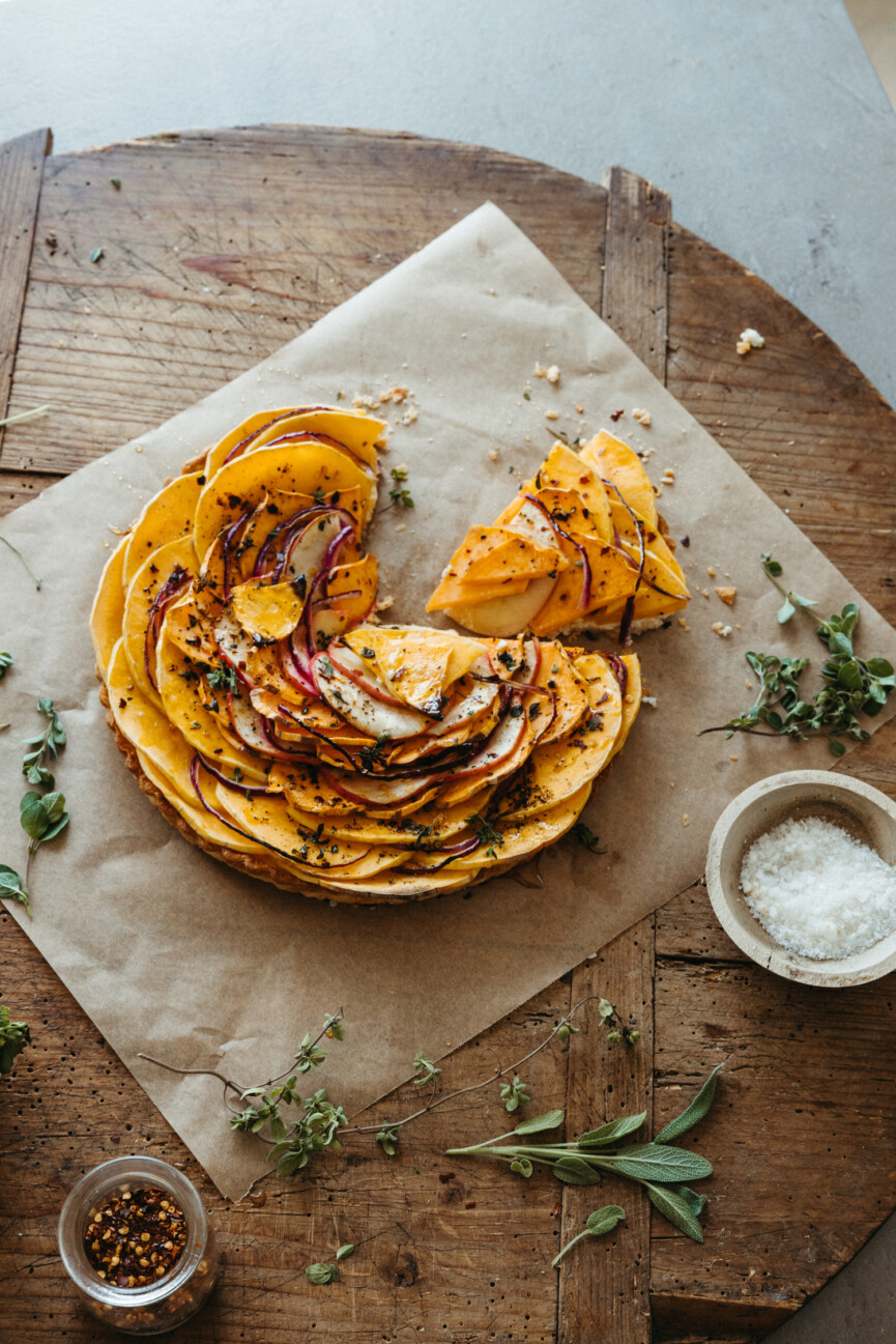 butternut squash and apple tart with ricotta, vegetarian thankskgiving main course
