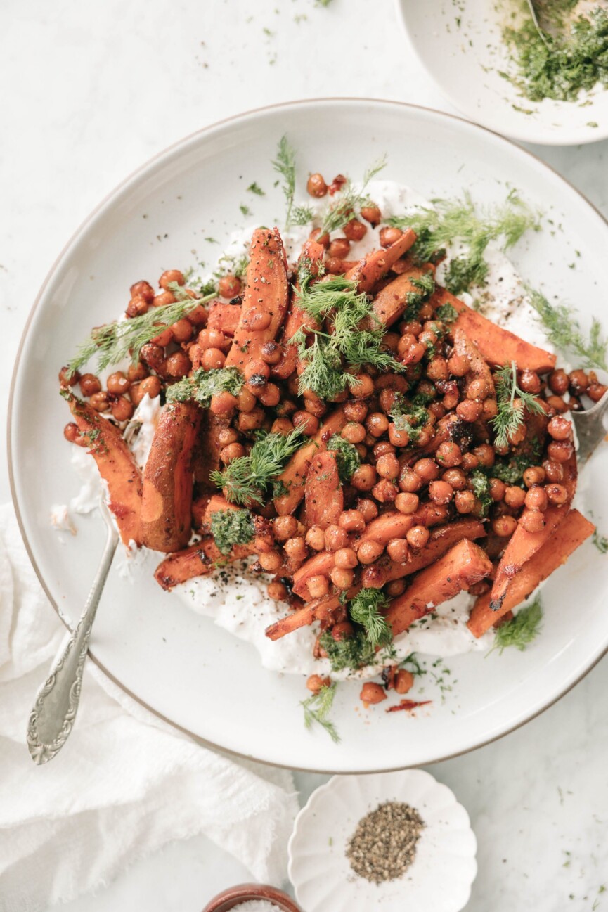 sweet potato chickpea bowl with feta yogurt and herbs