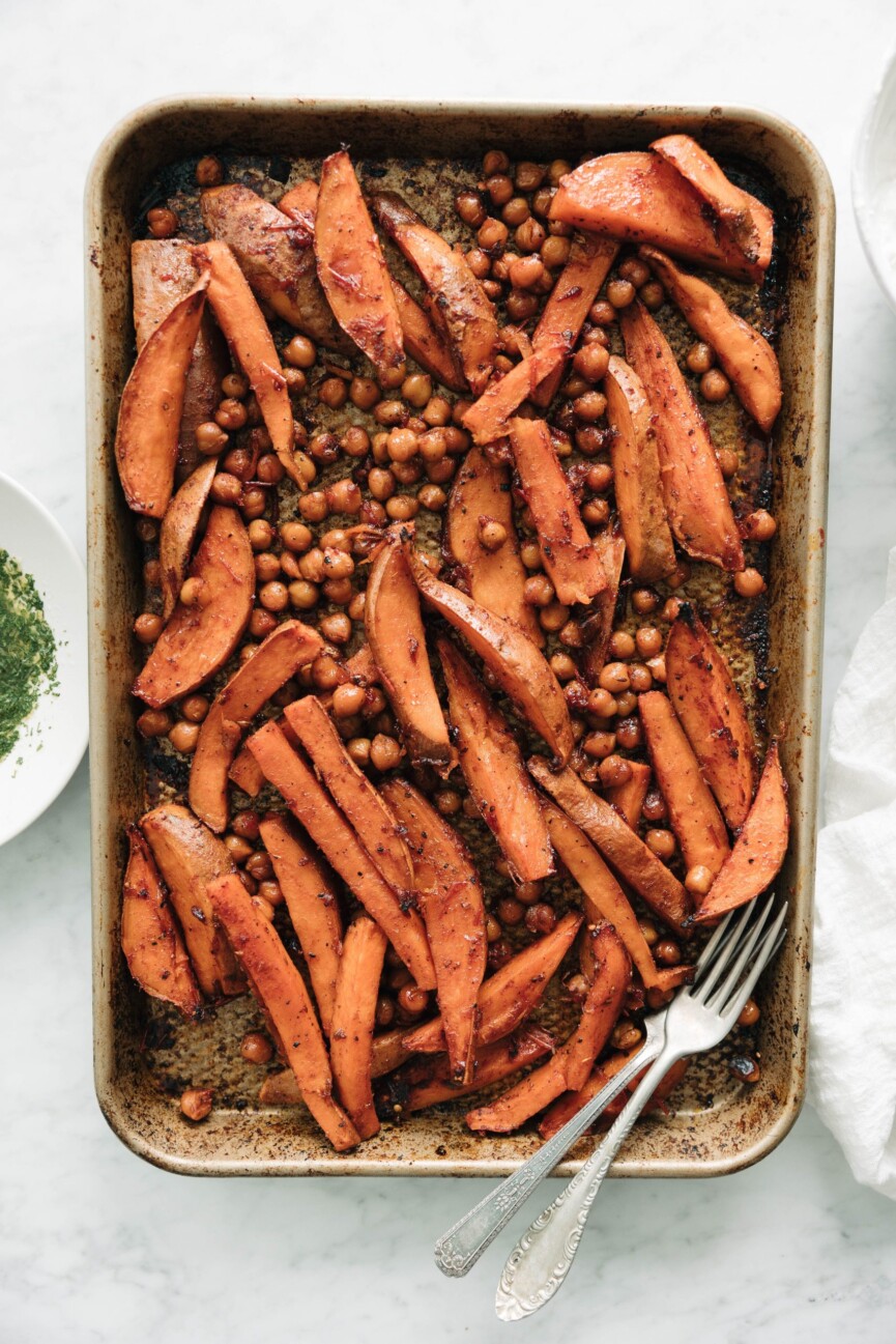 sweet potato chickpea bowl with feta yogurt and herbs