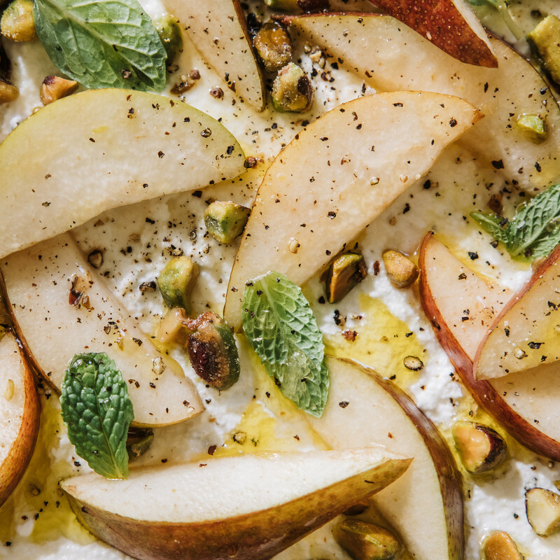 winter produce, fruit, ricotta board recipe with pears and pistachios