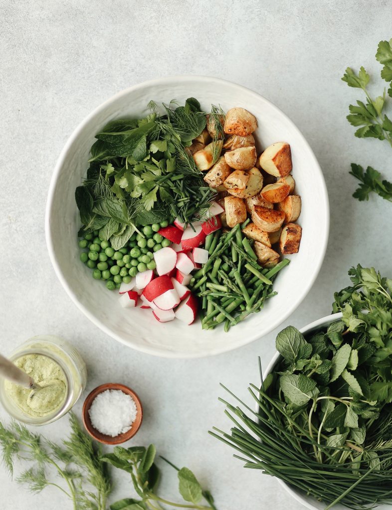 spring herbs and roasted potatoes salad