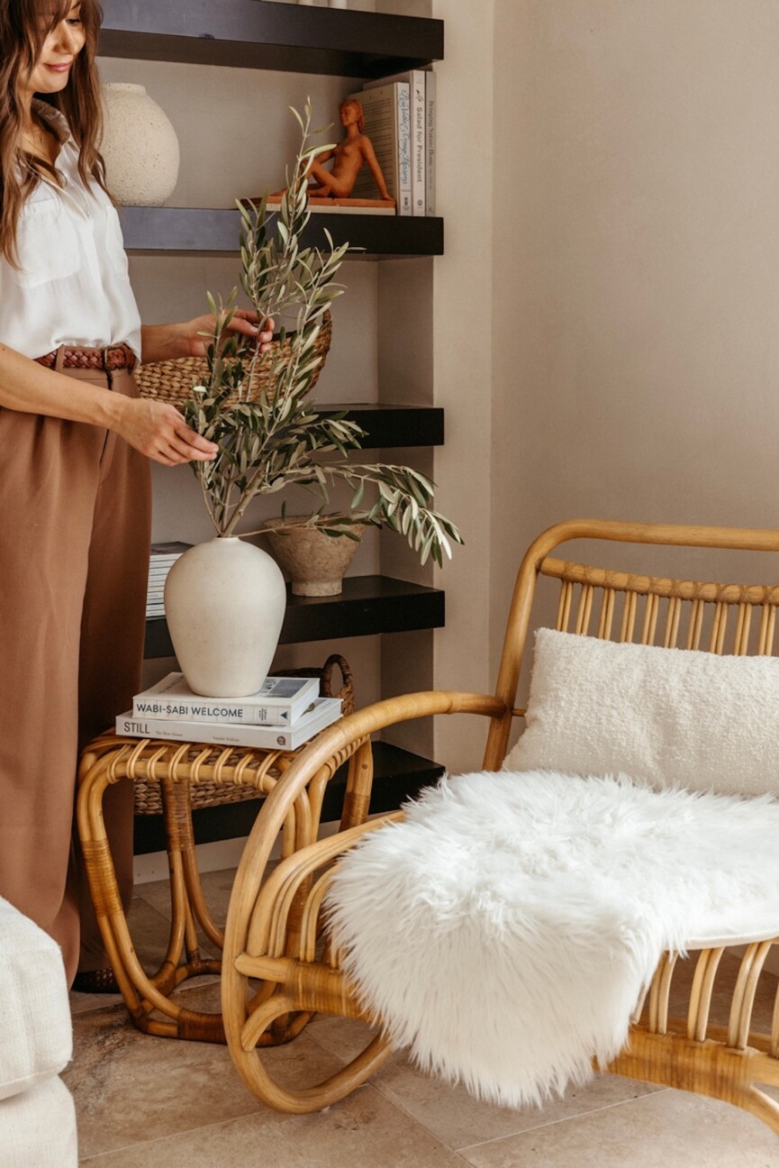 Woven armchair side table.