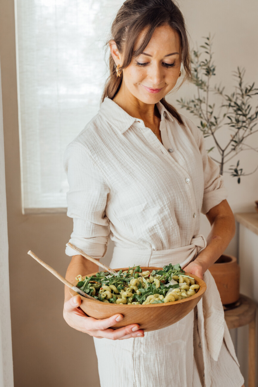 spring pasta salad with olives, lemon, and artichokes, casa zuma wood salad bowl_healthiest pasta