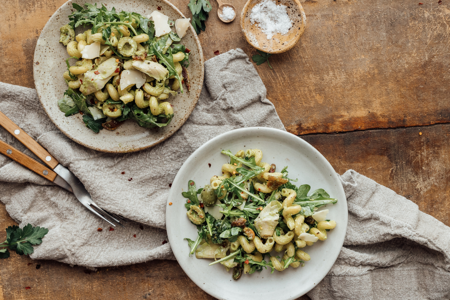 lemony spring pasta salad with olives, artichokes, and bacon_spring dinner ideas