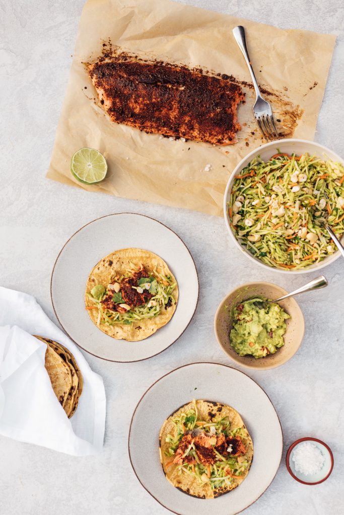 Chili-Rubbed Salmon With Cashew-Broccoli Slaw
