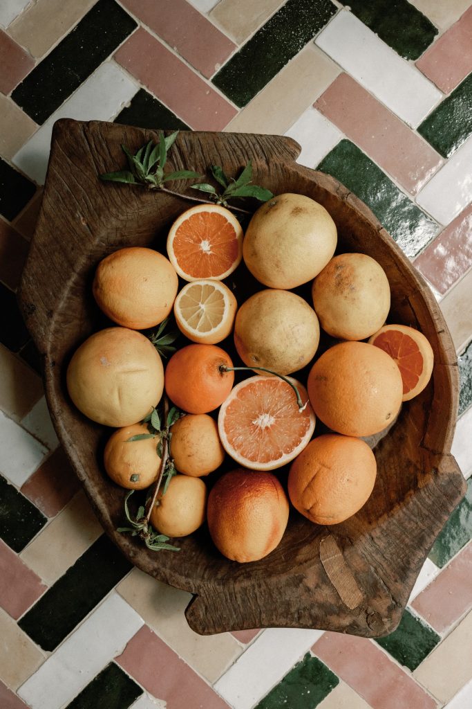 reclaimed vintage dough bowl, fruit, citrus, grapefruit, tile