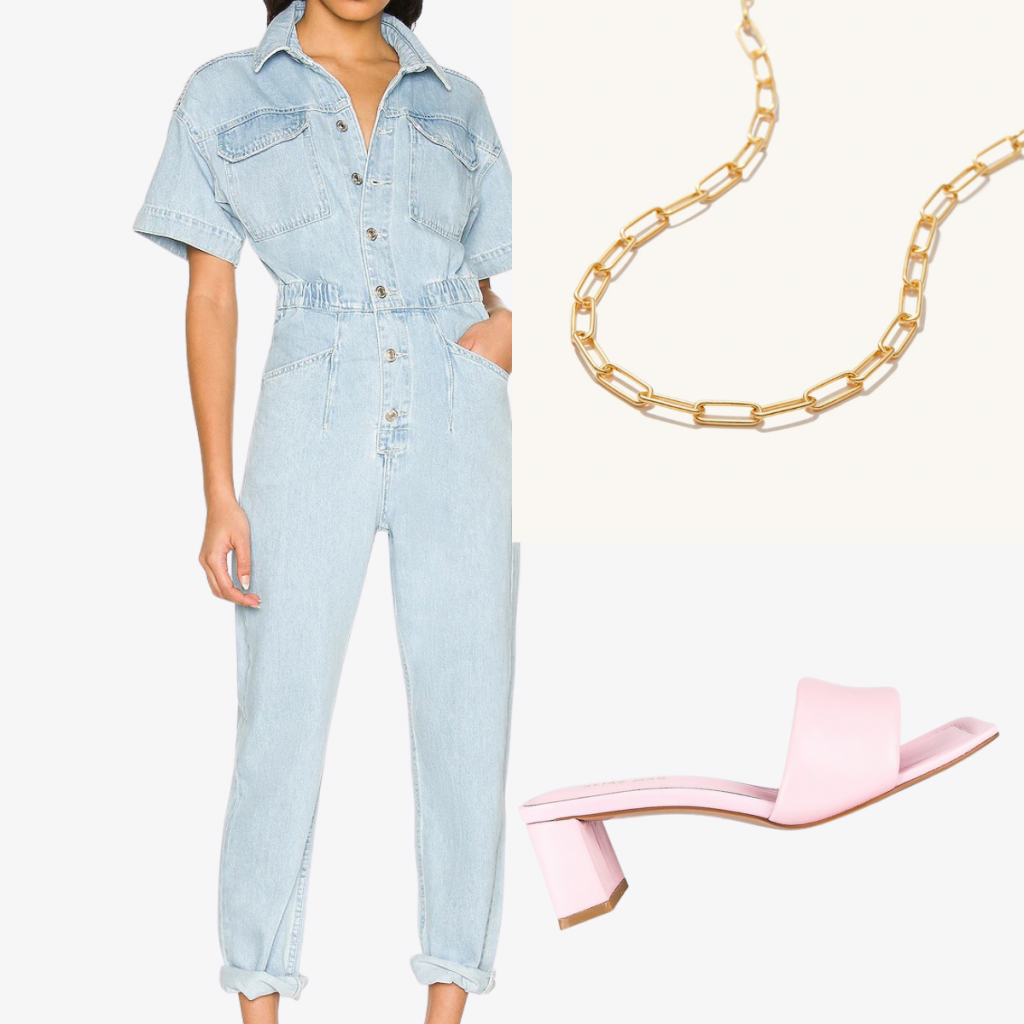 spring brunch outfit idea denim jumpsuit pink mules