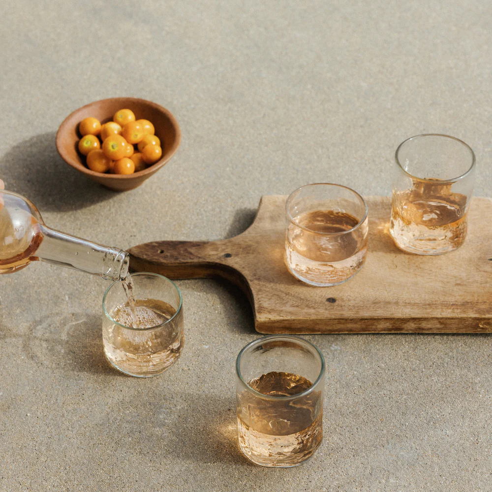 handblown recycled stemless wine glasses