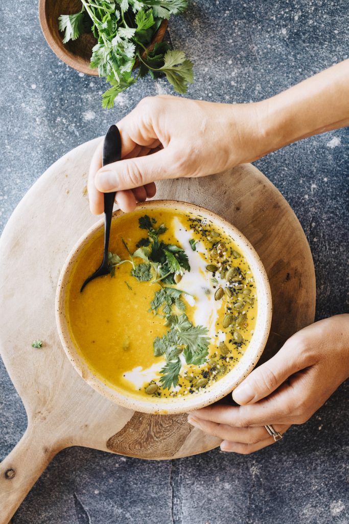 "Creamy" Vegan Butternut Squash Soup with Ginger & Coconut Milk