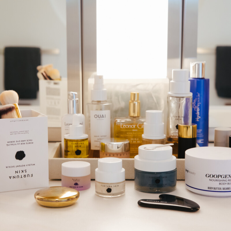 Skincare brands like furtuna and goop on a bathroom counter - andrea posadas photography