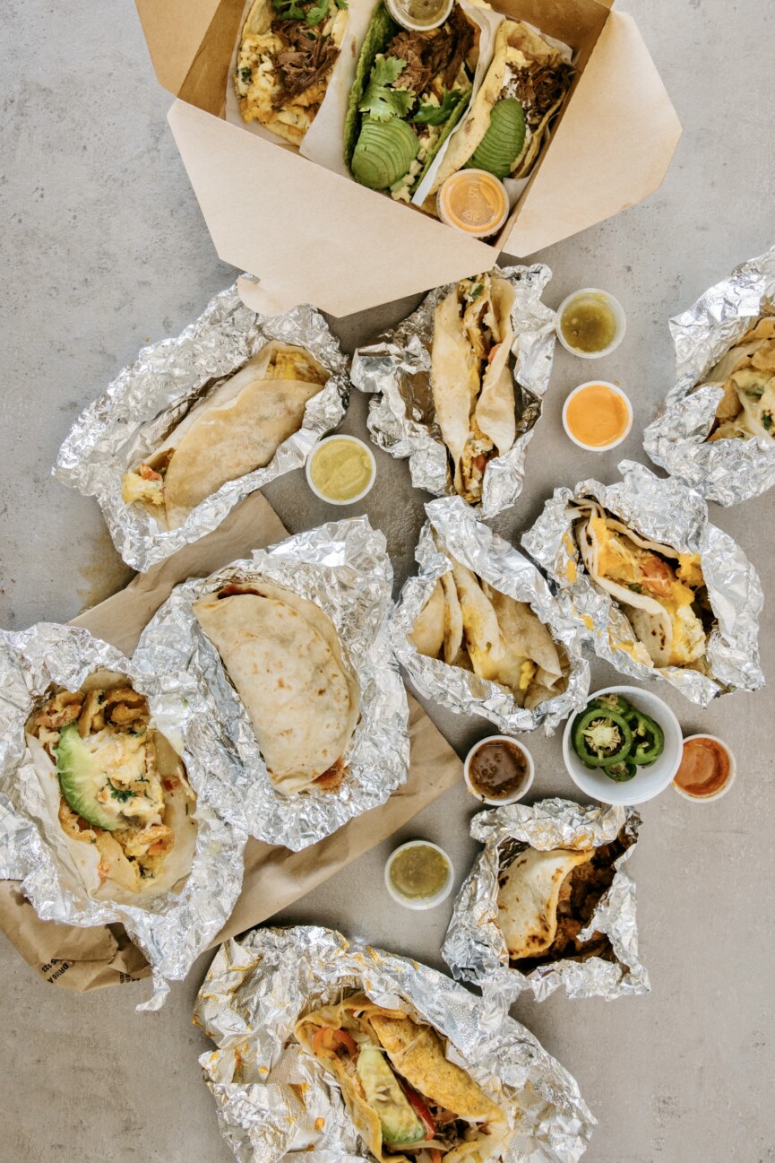 table full of austin breakfast tacos for test tasting