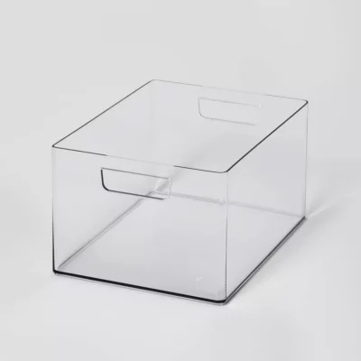 Clear bathroom organizer bin.