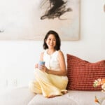 Eunice Byun in living room in New York City apartment.