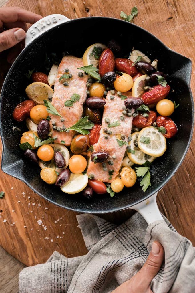 Mediterranean Baked Salmon with Olives, Capers, and cherry tomato recipes