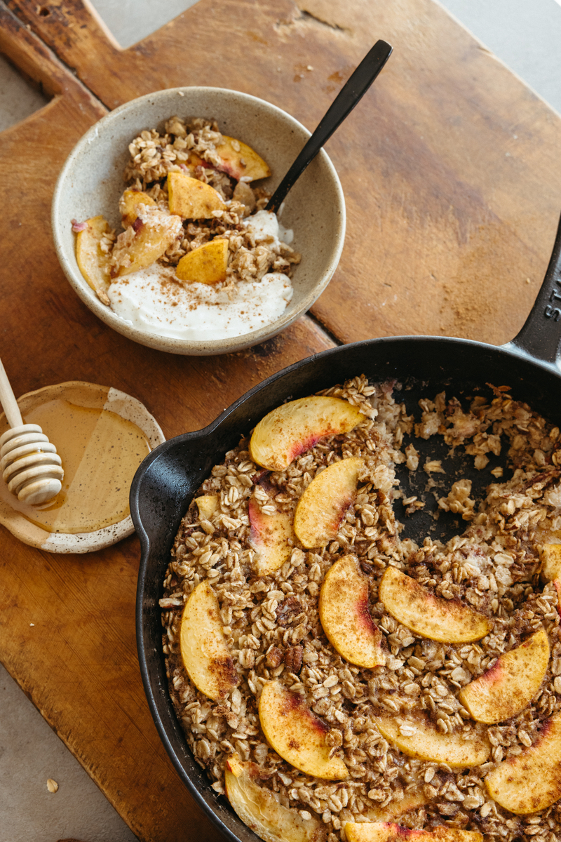peach and pecan oatmeal bake with bowl of oatmeal_baked oatmeal recipe