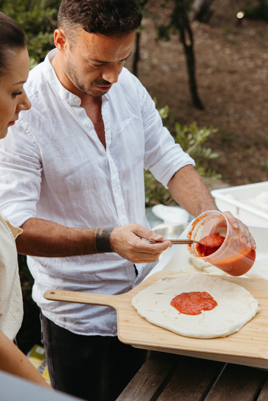 Premade pizza dough tomato sauce.