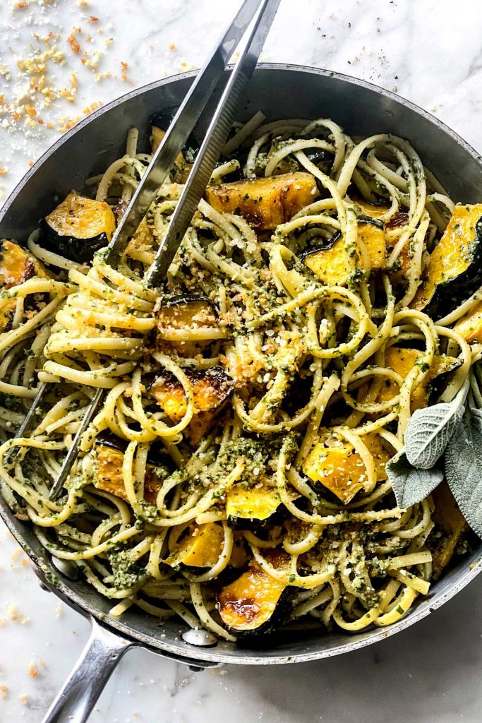 pasta with kale pesto and roasted acorn squash