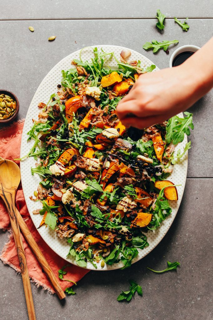 roasted squash salad with crispy shallot & balsamic reduction