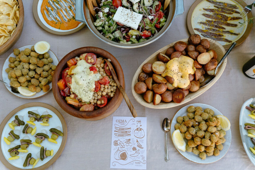 Table of food serving platters.