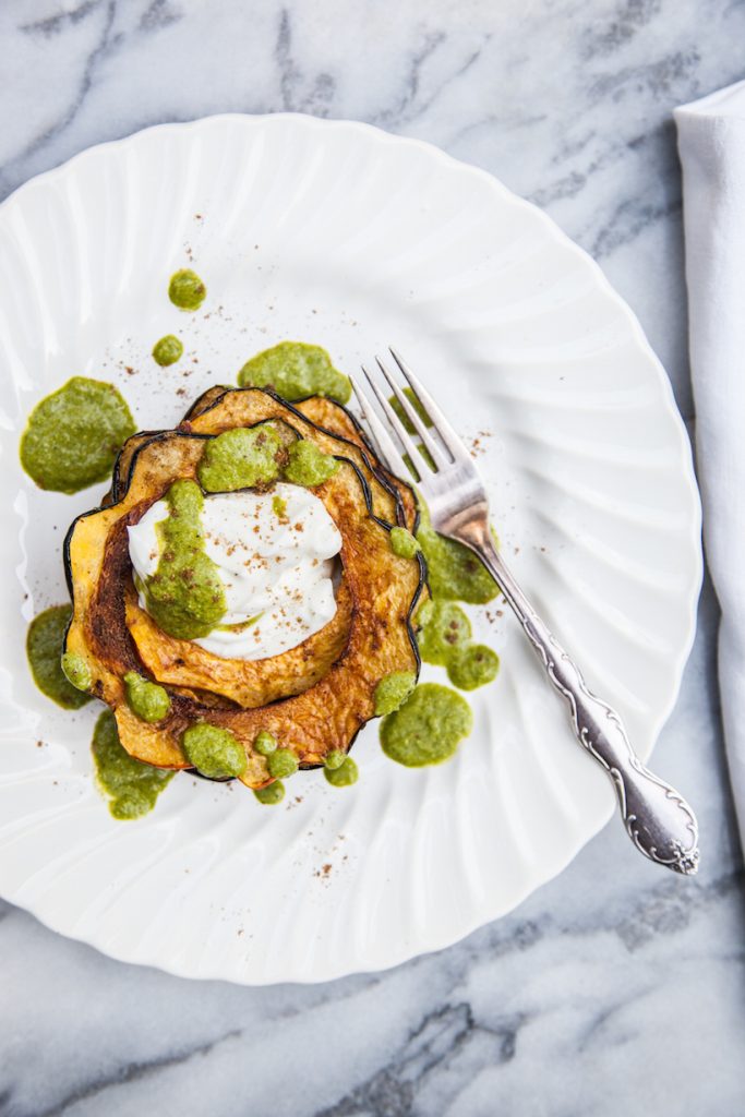 roasted acorn squash with garam masala and cilantro chutney