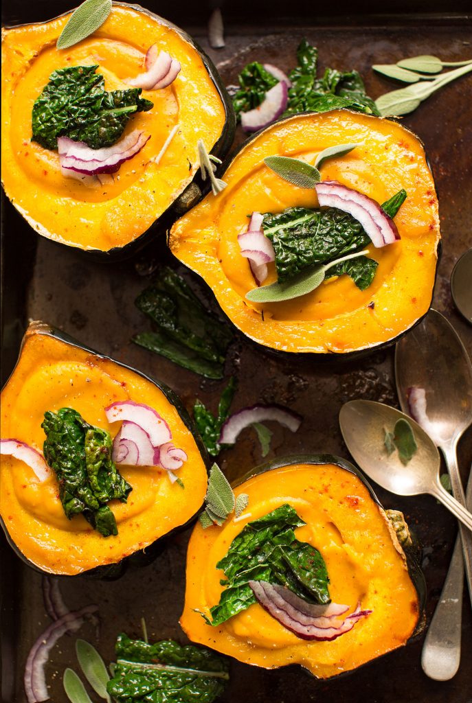 creamy fall soup in acorn squash bowls