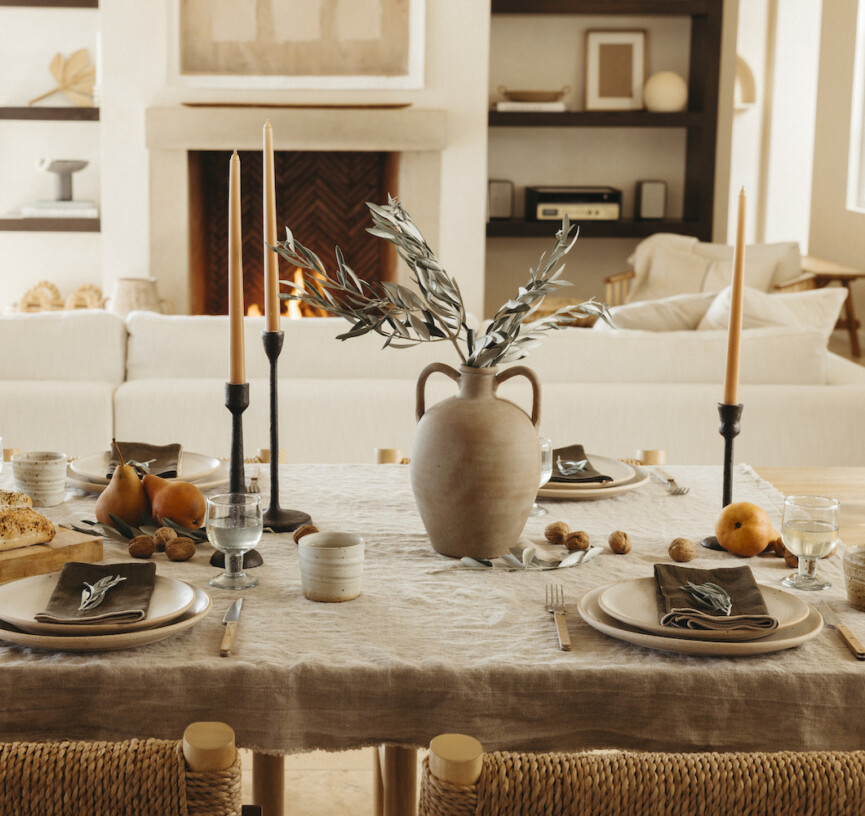 natural fall harvest tablescape with olive branches