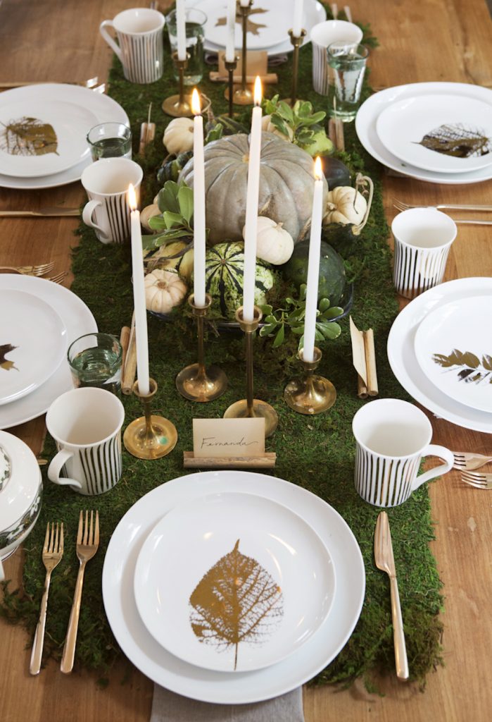 Thanksgiving table setting with leaf place cards.