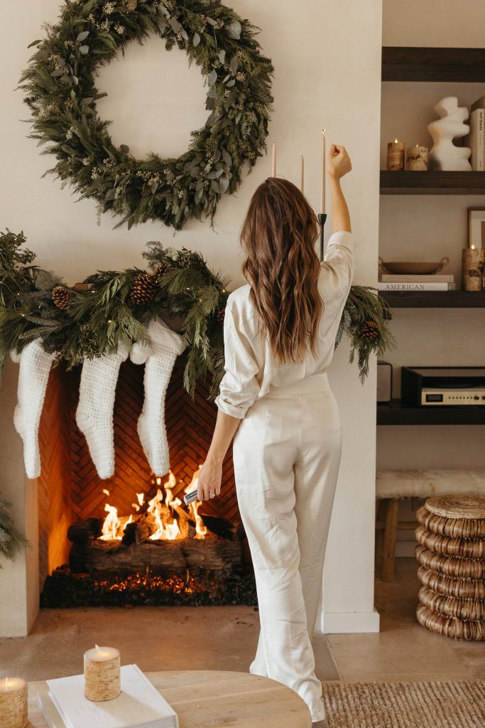 Camille Styles Holiday Decor 2023-Christmas Mantel with evergreen garland