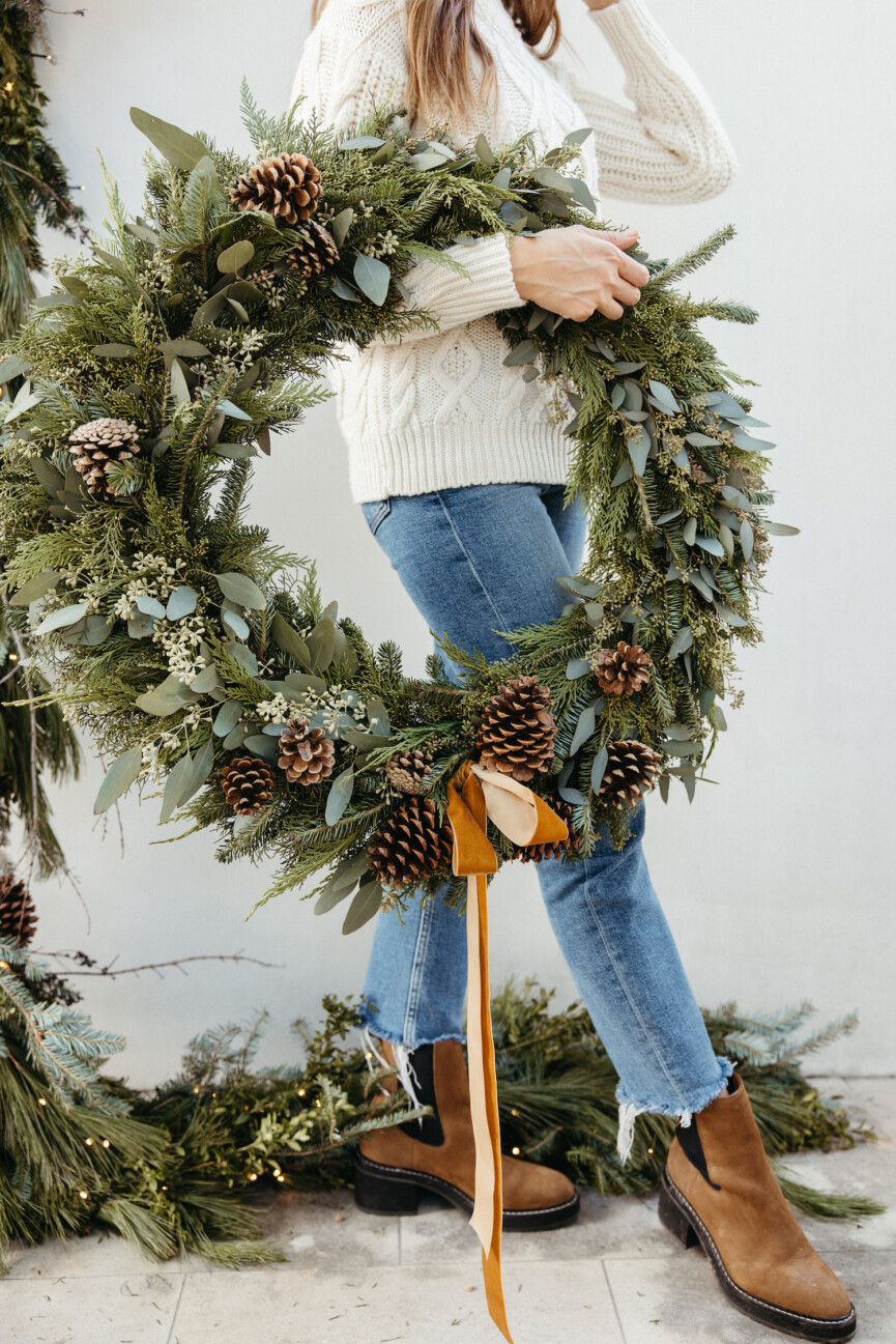 Camille Styles Holiday Decor 2023-Christmas front porch decor, casa zuma holiday wreath, evergreen