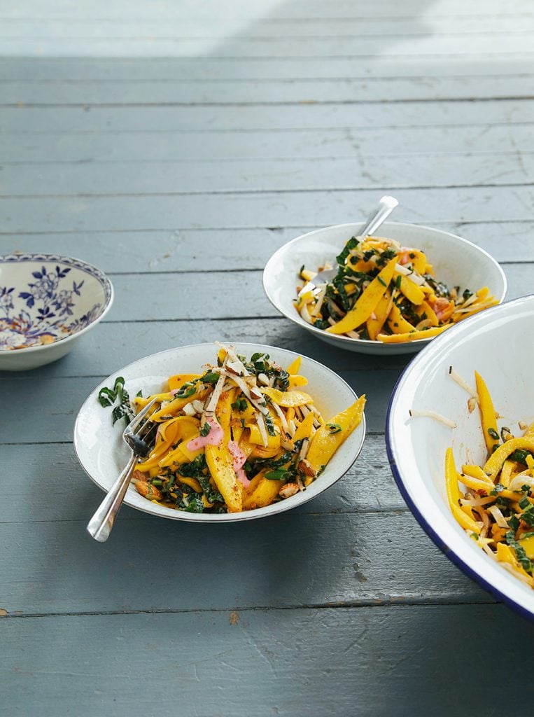 mango salad with rhubarb ginger dressing and chili almonds