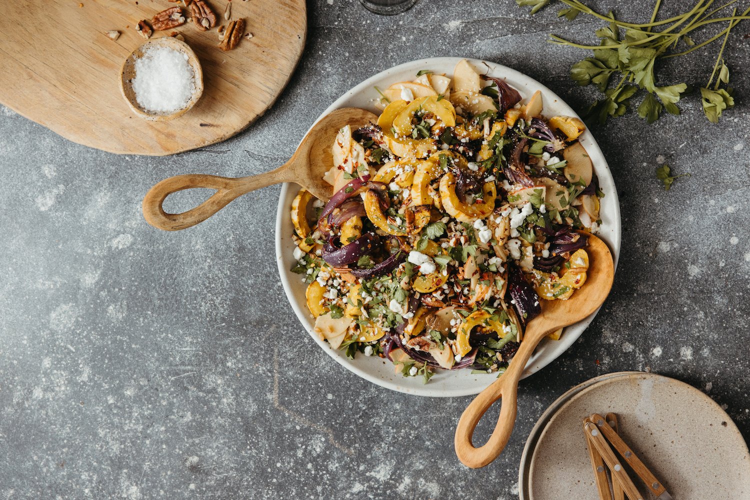 squash & farro salad with apples, goat cheese, and pecans