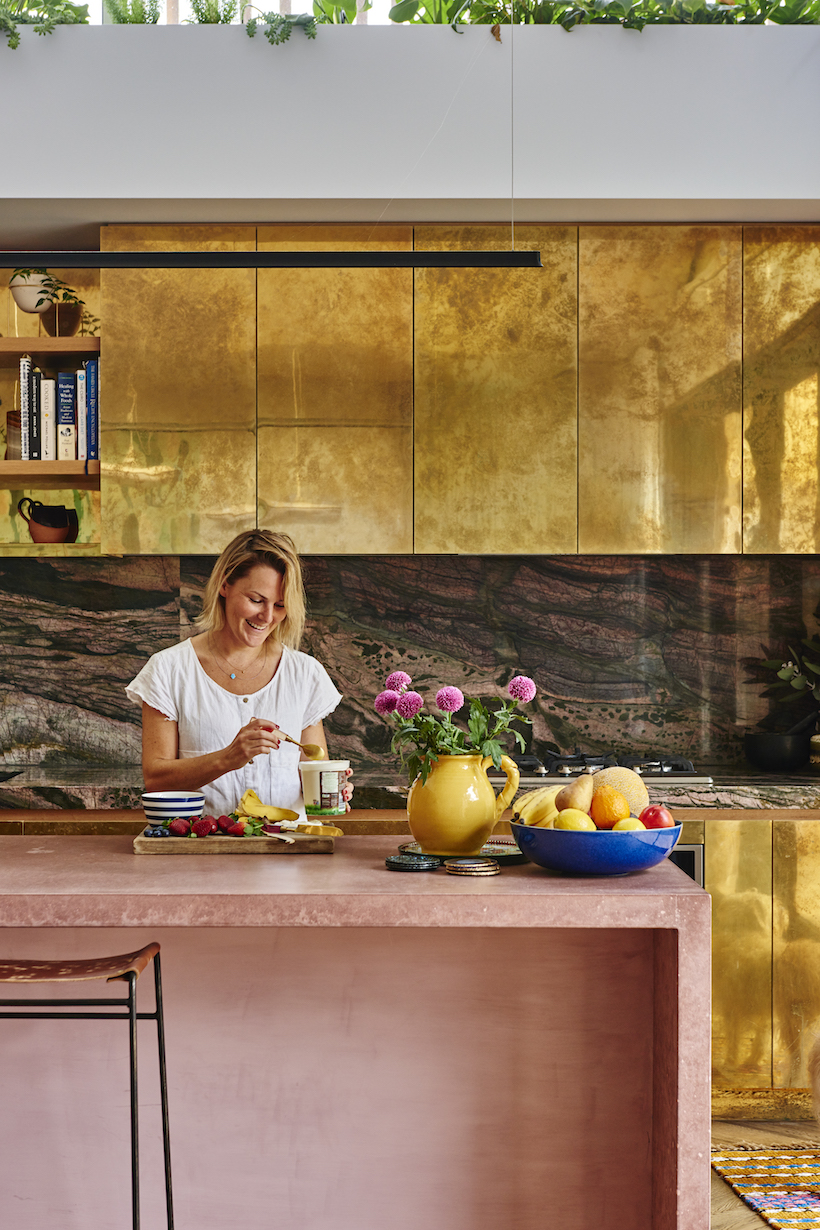 Bright pink kitchen.