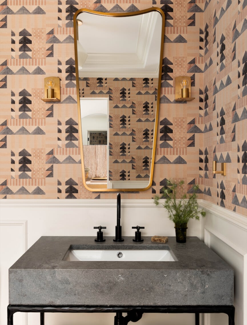 Printed wallpaper in bathroom.