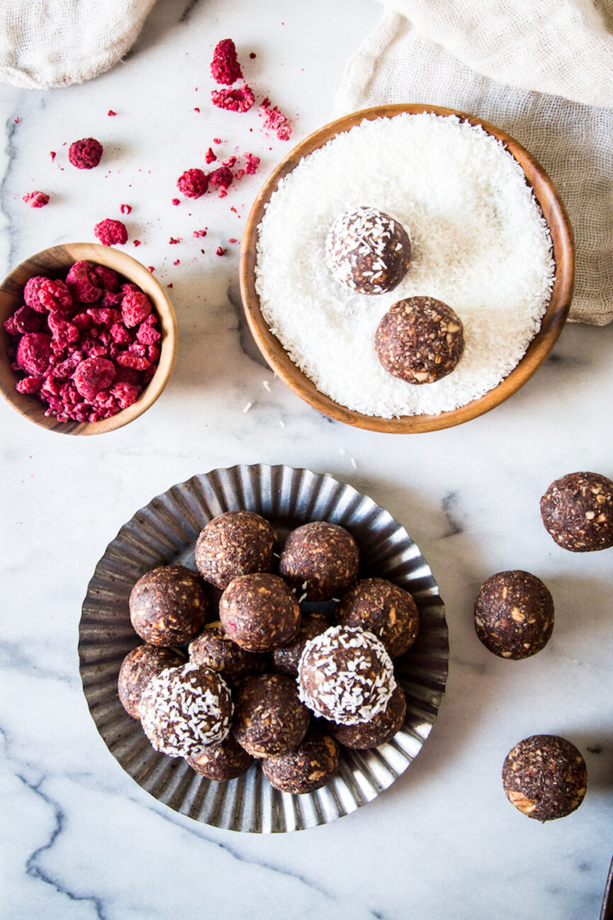Raspberry cocoa energy bites.