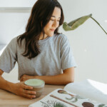 Woman drinking matcha.