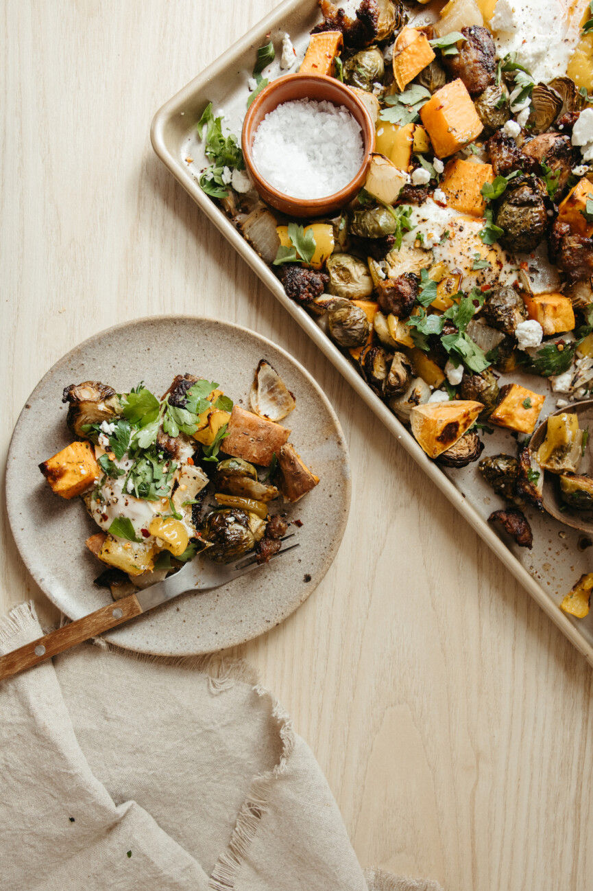 sheet pan harvest hash with sweet potatoes, brussels sprouts, and sausage - ingredients - vegetables - winter produce_is the carnivore diet safe