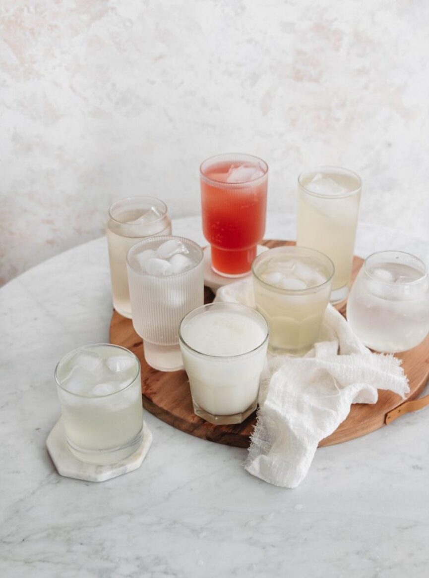 Glasses of water and juice.