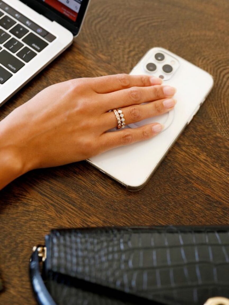 Classy short nail designs on cellphone.