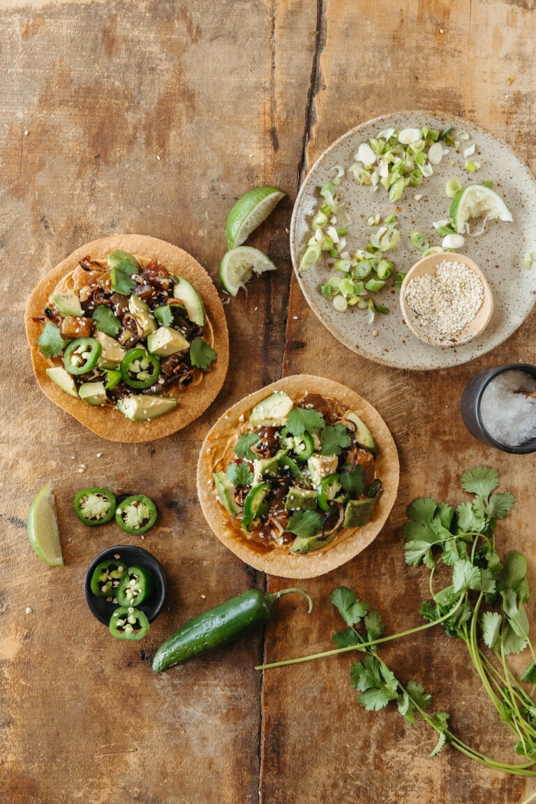spicy tuna tostadas with avocado and crispy shallots