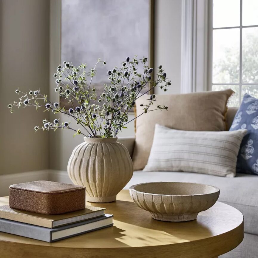ceramic carved bowl on coffee table