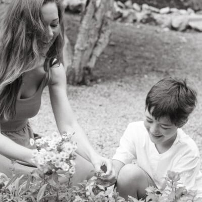 mother and son in the garden