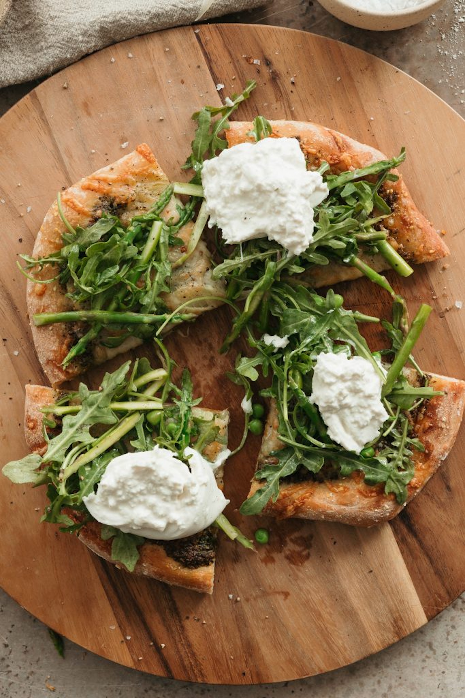 spring potato pizza with asaparagus and burrata