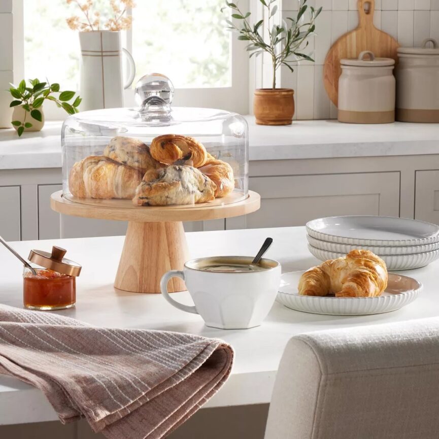 wooden cake stand with glass cloche