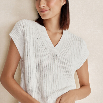 Organic Cotton Linen Shaker Stitch V Neck