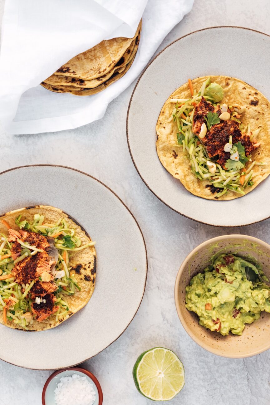 chili-rubbed salmon tacos with broccoli slaw